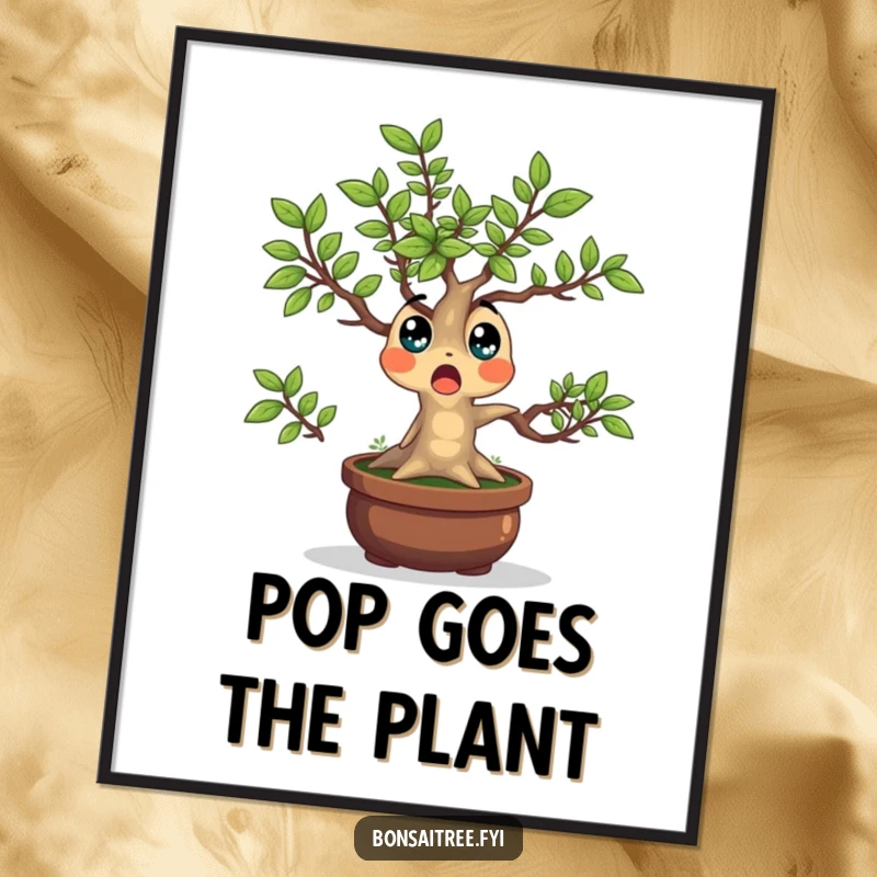 Funny Bonsai Tree Poster depicting a surprised character with leaves popping outwards, adding a humorous and artistic flair to any wall.