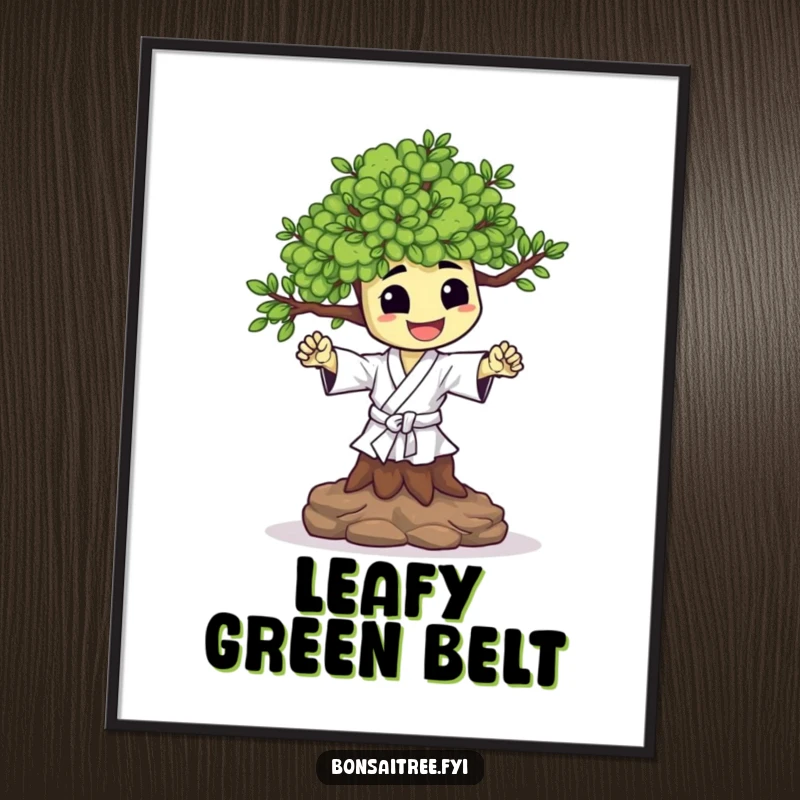 Funny poster illustrating a happy bonsai tree character performing a small, energetic karate chop. Inspiring and humorous art.
