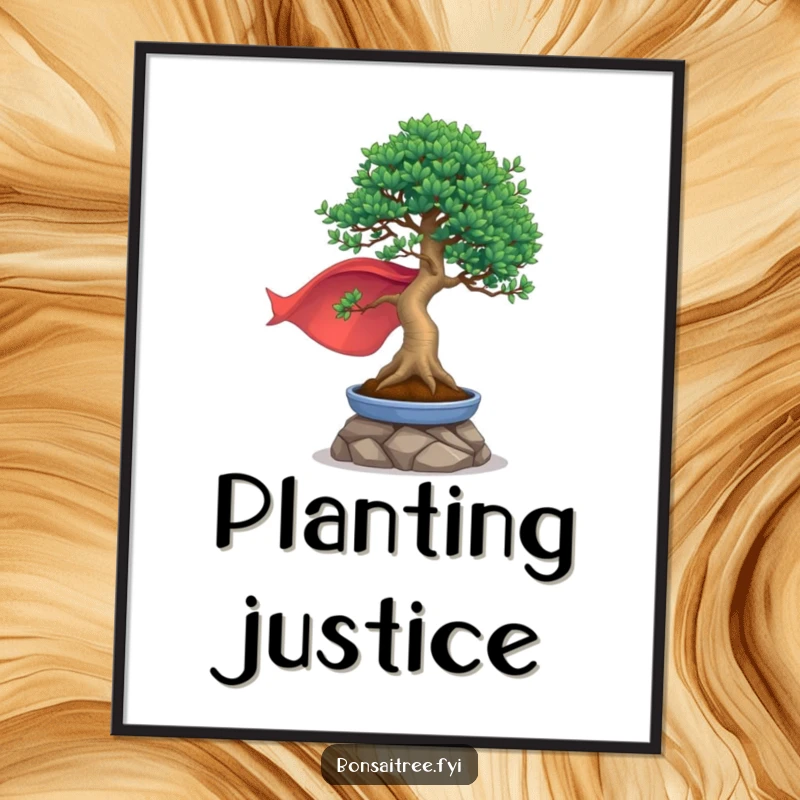 Funny poster print of a bonsai tree wearing a cape and striking a heroic pose, exuding bravery and strength.