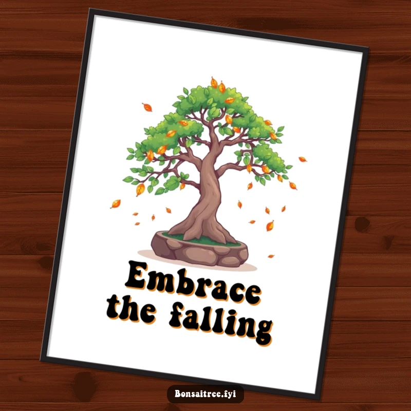 Funny Leaf-Catching Bonsai Tree Poster: A bonsai with outstretched branches catches falling leaves, adding a humorous and serene artistic touch to any wall.