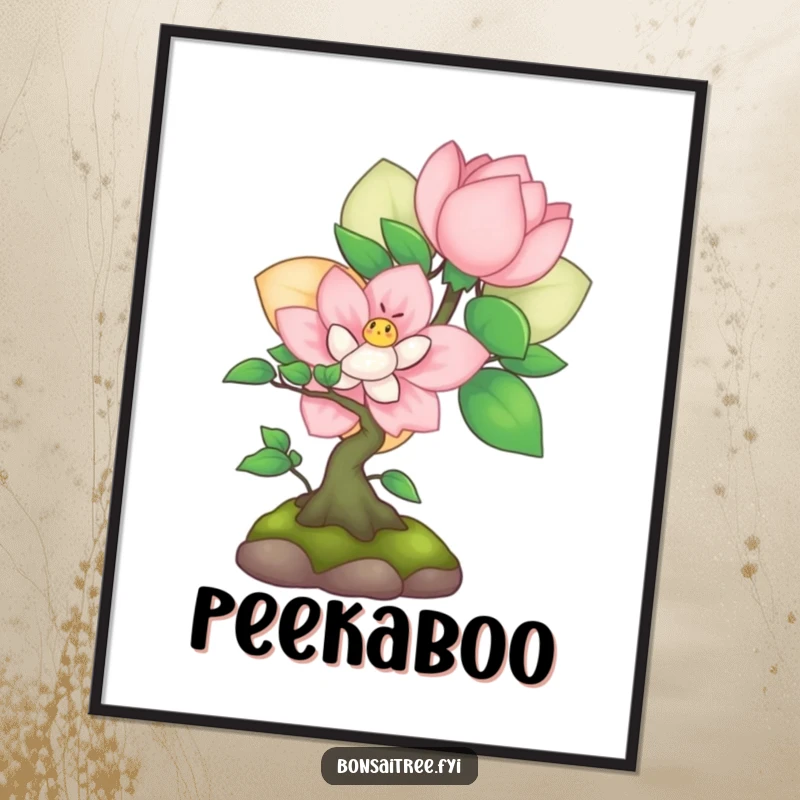 Funny shy bonsai peeking from behind a blooming flower on a poster, adding charming and gentle humor to decor.