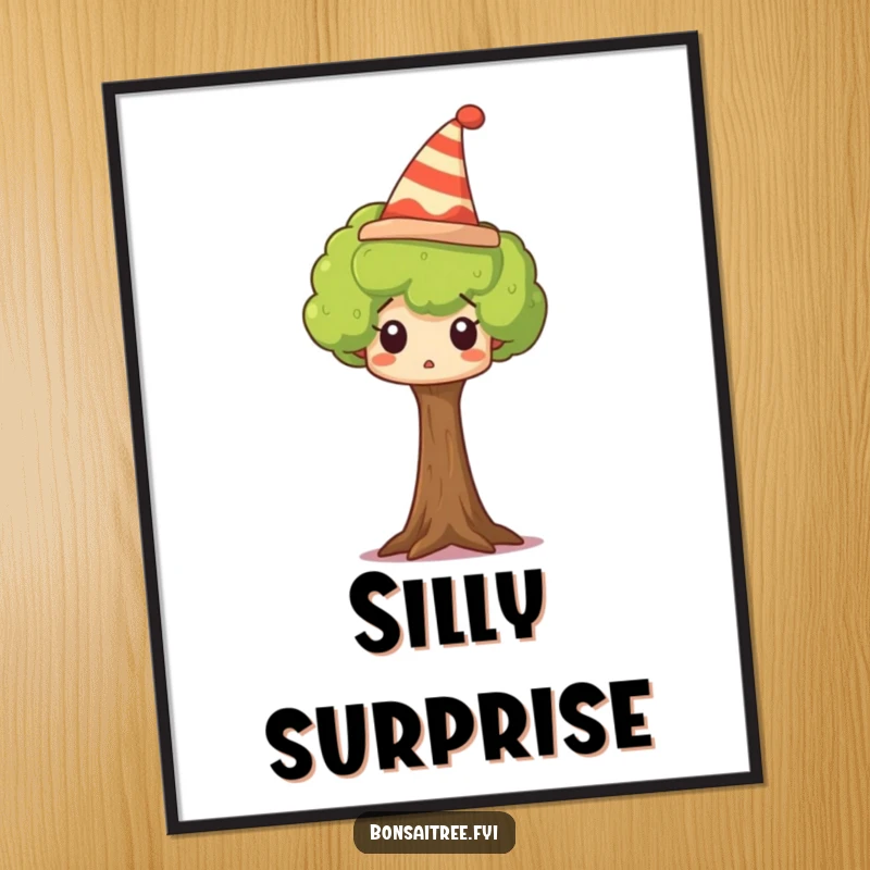 Funny tree poster showing a tiny tree wearing a silly hat and looking wide-eyed with surprise, full of character.