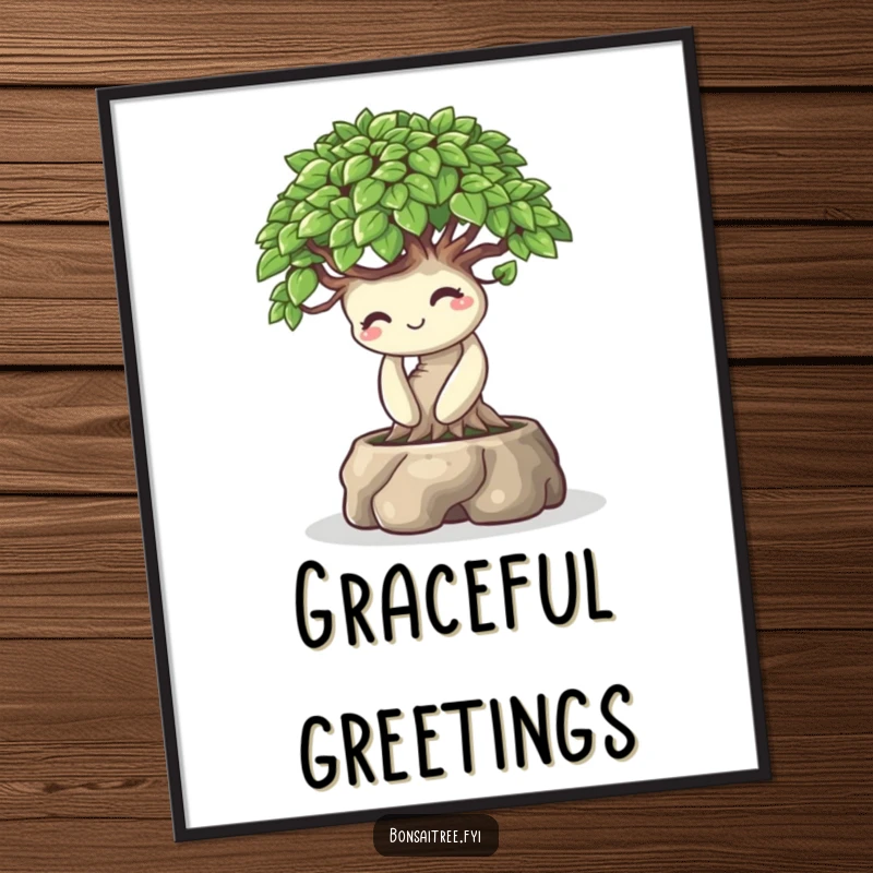 Funny wall art poster of a bonsai tree character bowing playfully with a warm smile, conveying politeness and humor for decor.