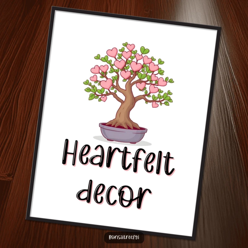 Funny poster print of a bonsai tree with leaves shaped like tiny hearts. Adds a touch of sweet humor and affection to any decor.