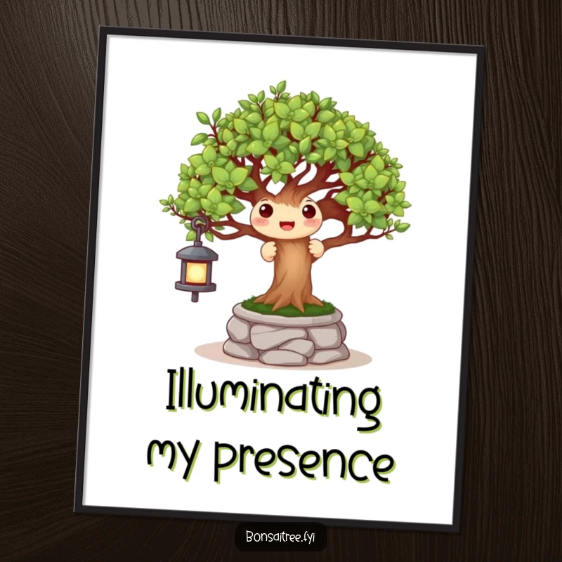 Funny poster illustration of a cheerful bonsai tree playing peek-a-boo behind a miniature stone lantern, evoking playful garden scenes.