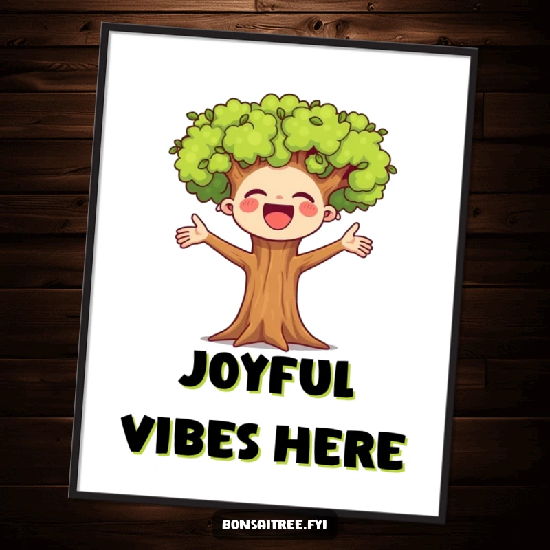Funny poster print of a miniature bonsai tree character with arms wide open, cheering joyfully. Adds a touch of happy energy to decor.