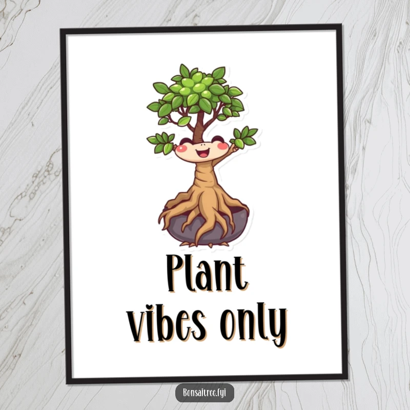 Funny Bonsai Tree Poster depicting a smiling character with roots wiggling energetically, adding a humorous and artistic flair to any wall.