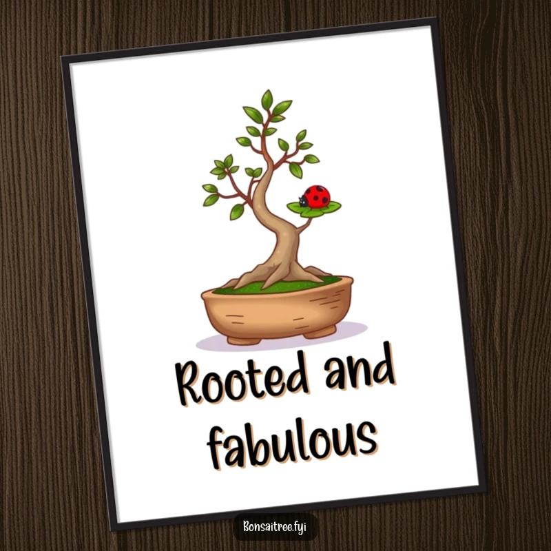 Funny poster print of a bonsai tree with arms wide, balancing a ladybug on a leaf, celebrating nature's funny moments.
