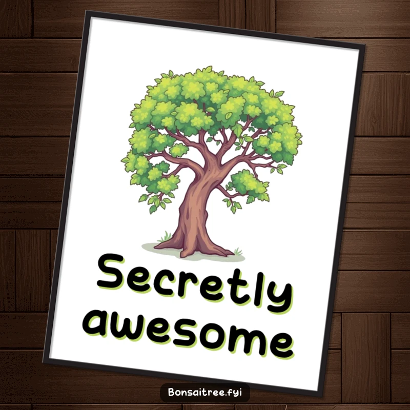 Funny poster print of a small bonsai tree character leaning in, as if sharing a secret punchline. Adds a touch of intrigue to decor.