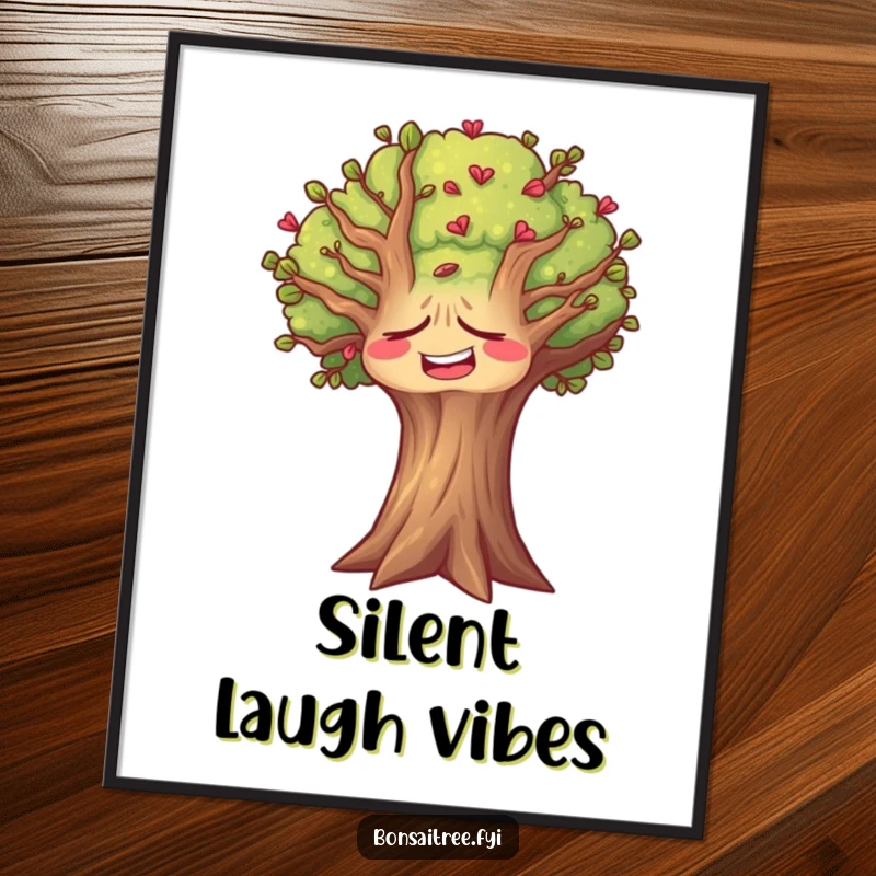 Funny tree poster with a tree's face contorted in a silent, hearty laugh, conveying pure amusement and nature's mirth.