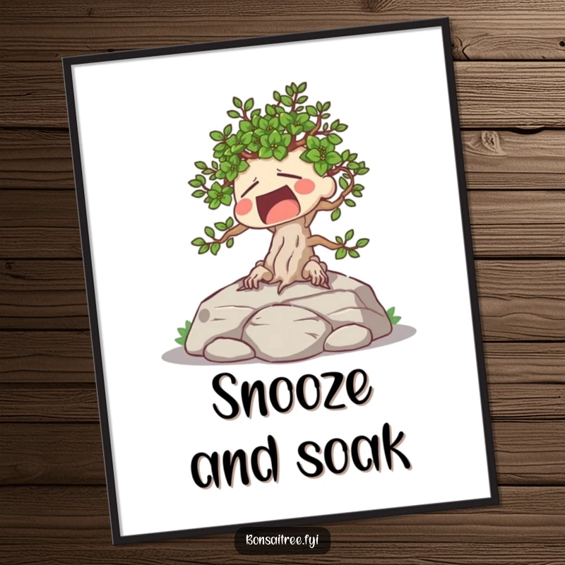 Funny poster art of a tired bonsai tree character yawning widely while sunbathing peacefully on a rock.
