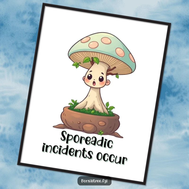 Funny poster illustrating a tiny bonsai tree character's surprised reaction to a giant mushroom emerging from its top. Whimsical art.