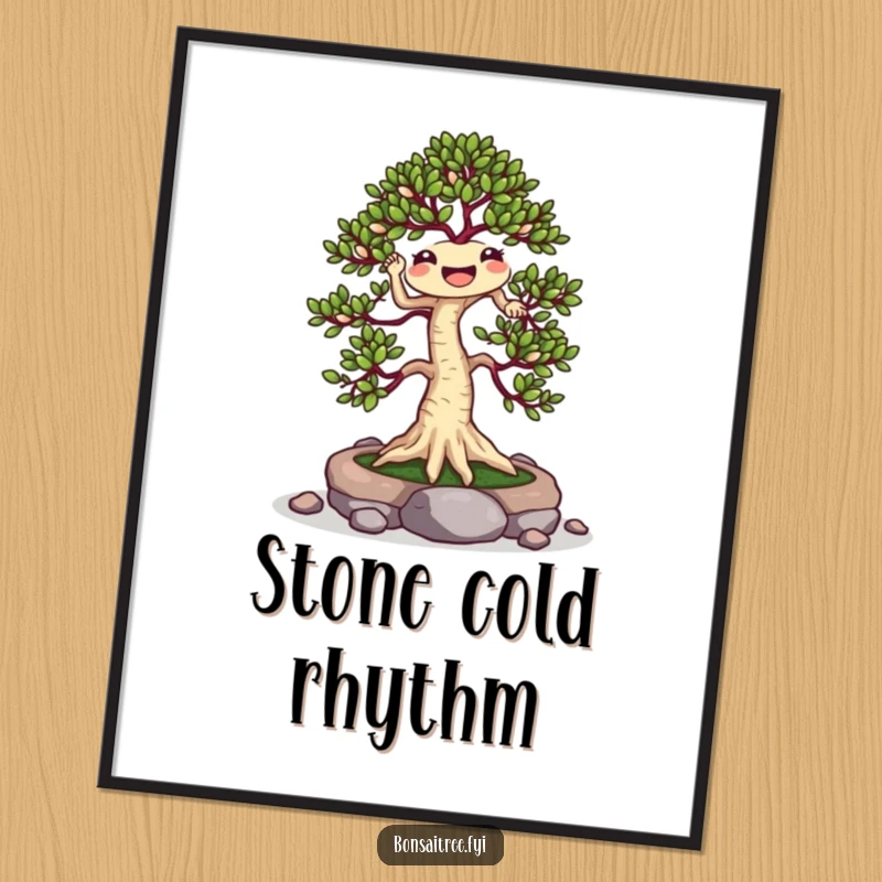 Funny Jigging Bonsai Tree Poster: A cheerful bonsai dances with stones, adding a humorous and uplifting visual to your wall decor.