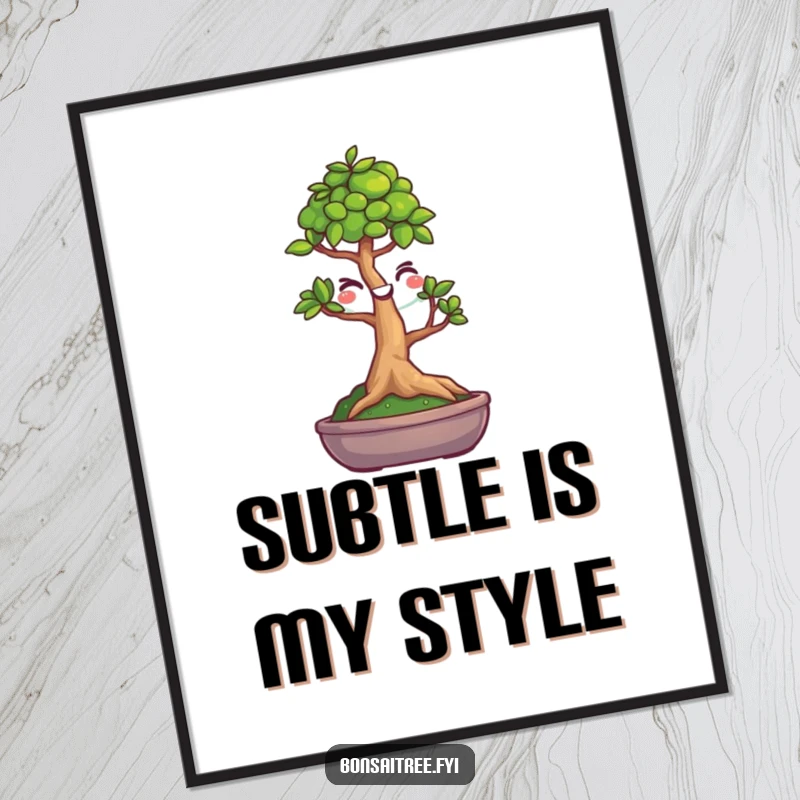 Funny poster print of a tiny bonsai tree character with a smiling face, giving a cheeky wink. Adds humor and personality to decor.