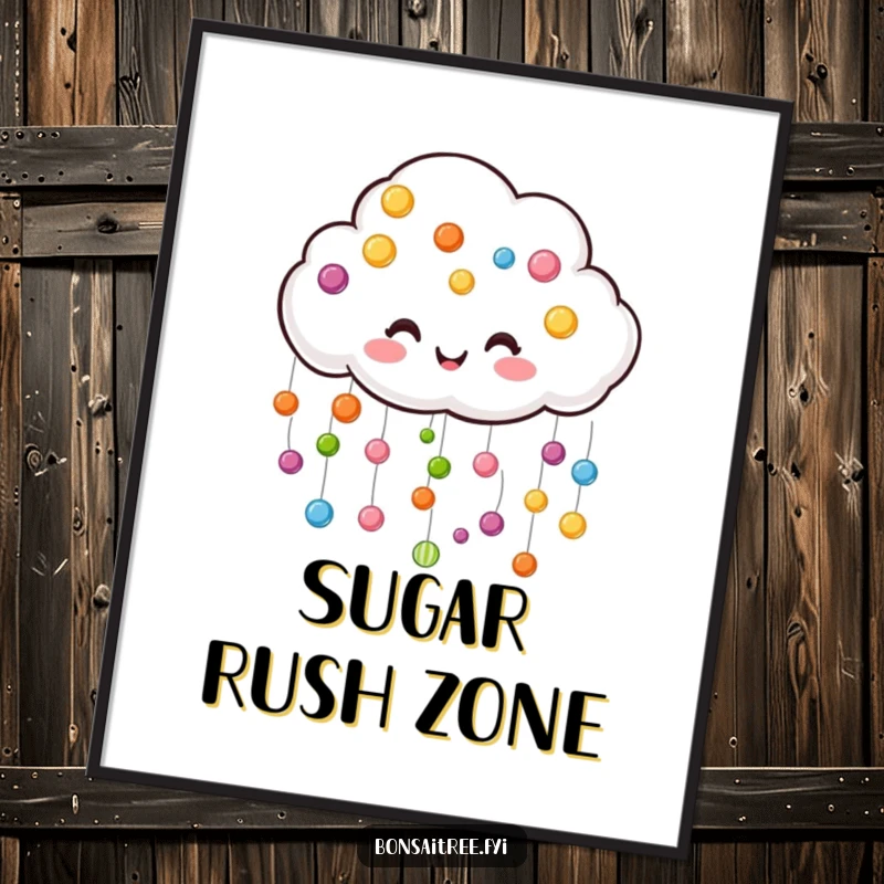 Funny cloud poster, joyfully raining colorful candy drops, creating a cheerful and sweet visual.