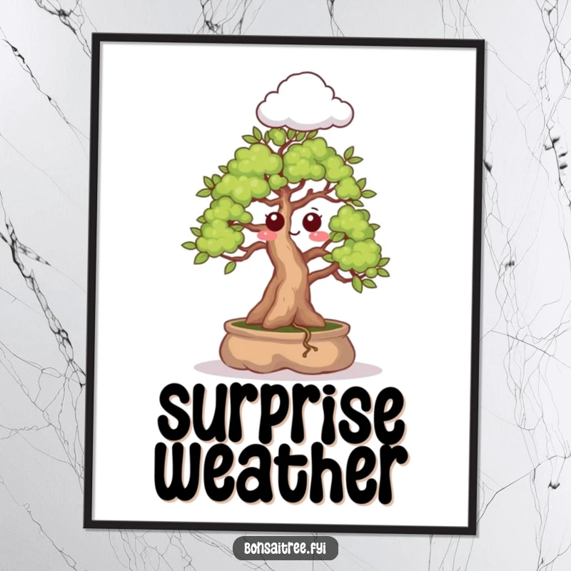 Funny poster art depicting a bonsai tree with a surprised expression sprouting a small cloud, creating a charming and whimsical wall piece.