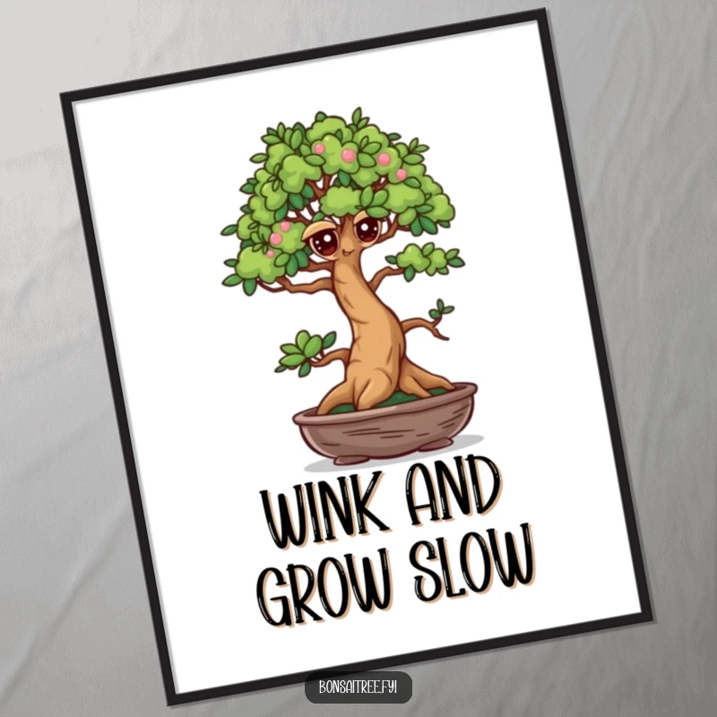 Funny Winking Bonsai Tree Poster: A mischievous bonsai gives a knowing wink, adding a humorous and charming artistic touch to any wall.