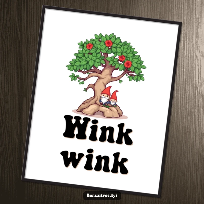 Funny mischievous bonsai winking and hiding a gnome on a poster, perfect for witty decor and humorous art lovers.
