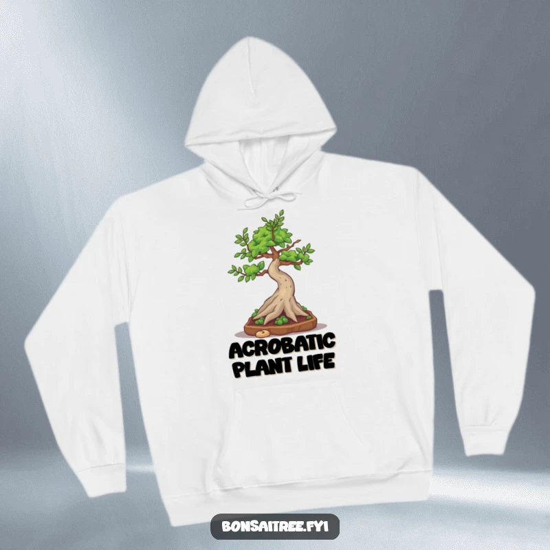 Funny bonsai tree character attempting a silly little somersault, looking cozy and funny in a hooded sweatshirt.