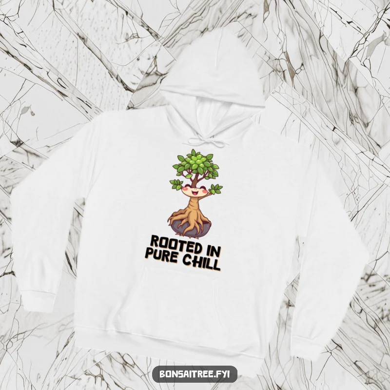 Funny Bonsai Tree Hoodie showcasing a happy, smiling character with roots wiggling playfully, offering warmth and quirky charm.