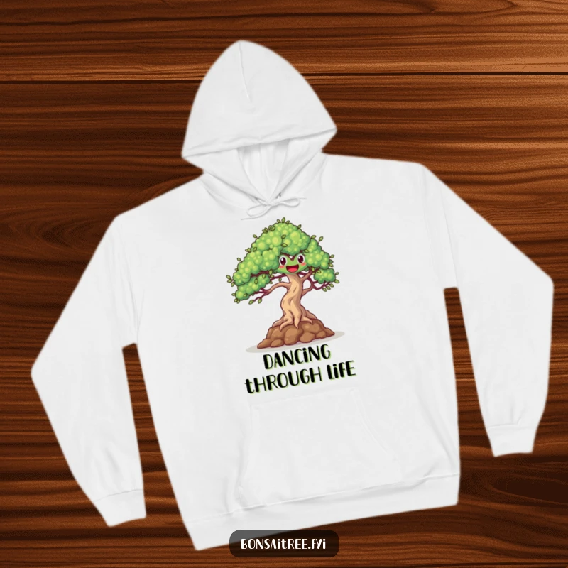 Funny, cozy hoodie of a happy bonsai tree dancing joyfully with branches moving in a gentle breeze, evoking happiness.