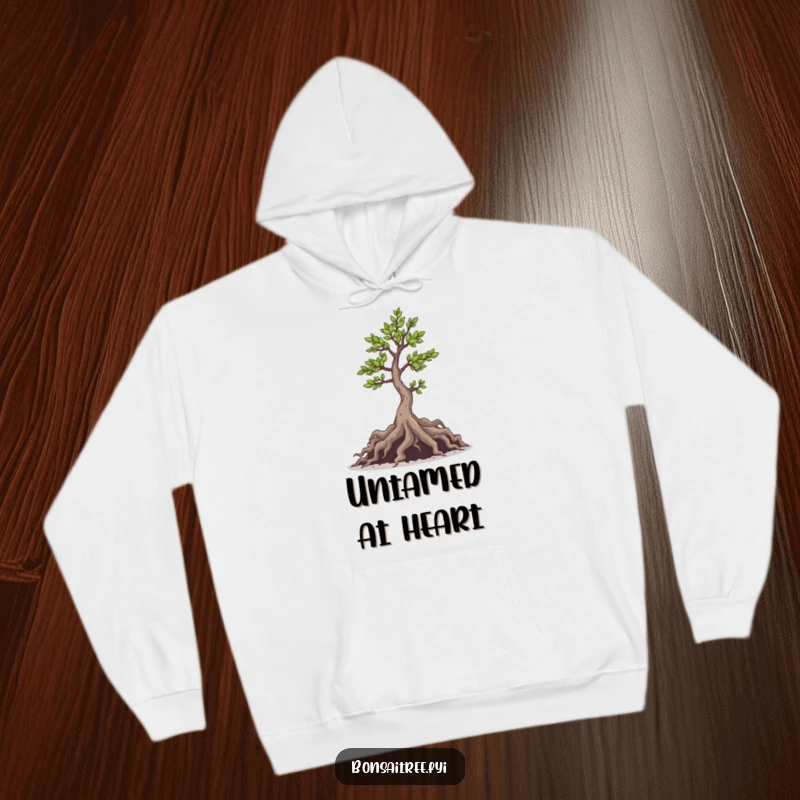 Funny hoodie showcasing a bonsai tree with playfully peeking roots, promising warmth and a dose of charming mischief.