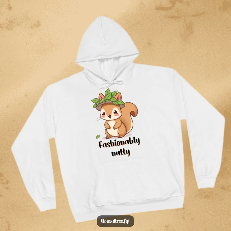 Funny playful squirrel character wearing a leaf hat on a warm hoodie, embodying cozy and whimsical vibes, a fun apparel choice.