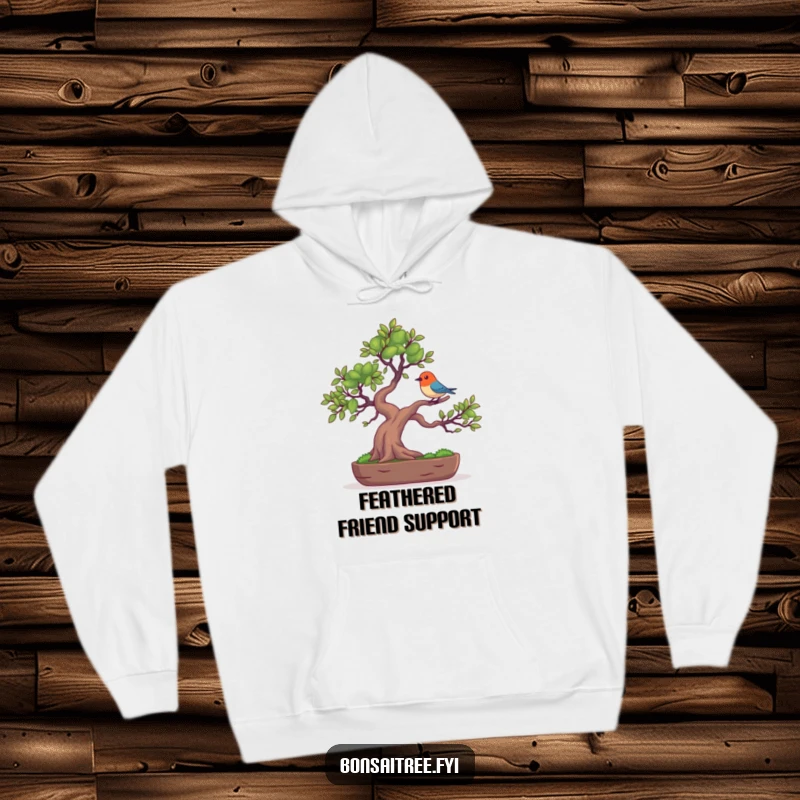 Funny pullover hoodie featuring a bonsai tree character balancing a tiny, colorful bird on its branch, offering cozy comfort and natural humor.