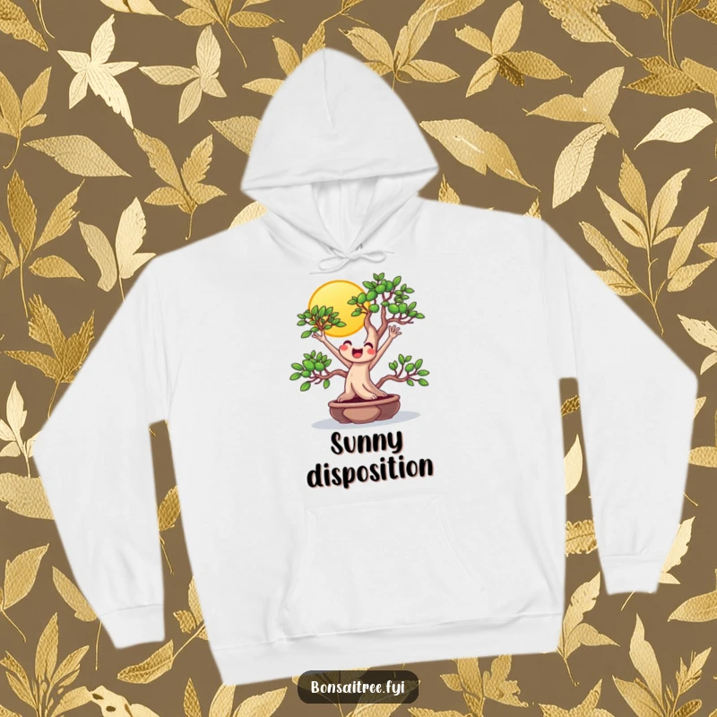 Funny beaming bonsai stretching towards the sun on a hoodie, offering cozy comfort and radiating optimistic, joyful humor.