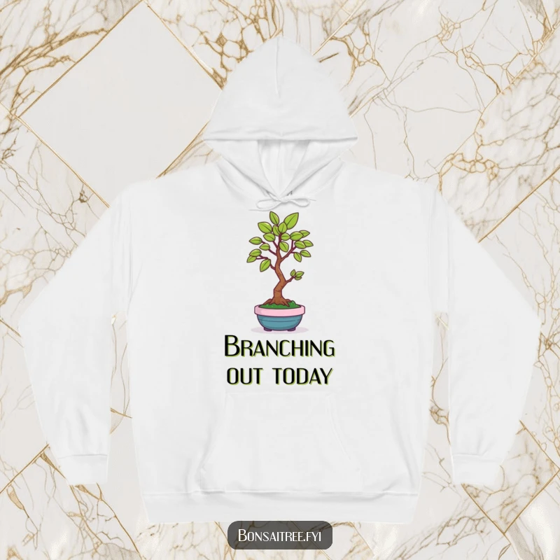Funny pullover hoodie featuring a cheerful bonsai tree character offering a single, perfect green leaf, designed for comfort and laughs.