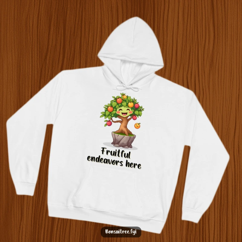 Funny joyful bonsai tree character bouncing a small, colorful fruit, radiating warmth and happiness in a hoodie.