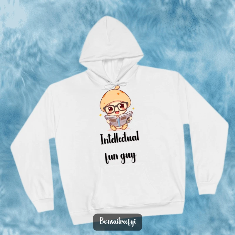 Funny mushroom hoodie, wearing big glasses, totally engrossed in a comic book, a cozy humorous scene.