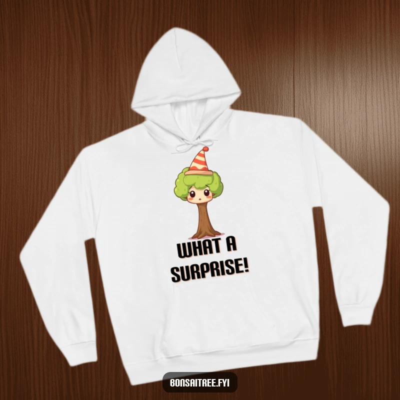 Funny tree hoodie depicting a tiny tree wearing a silly hat and looking comically surprised, radiating a sense of wonder.