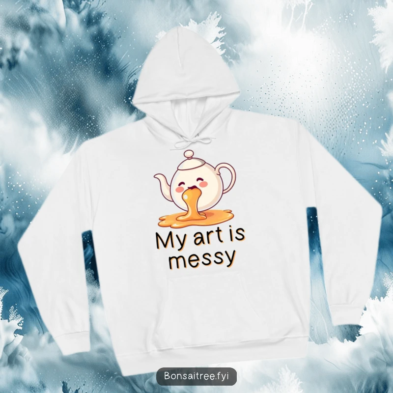 Funny teapot hoodie, featuring a whimsical rainbow tea spill, perfect for cozying up with colorful humor.
