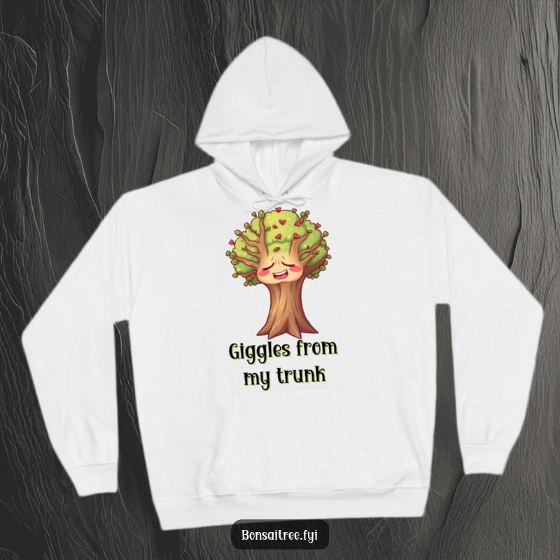 Funny tree hoodie depicting a tree with a face contorted in a silent, hearty laugh, radiating joyful energy.
