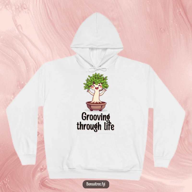 Funny Bonsai Tree Hoodie showcasing a plump character happily doing a wiggle dance, offering warmth and quirky charm.