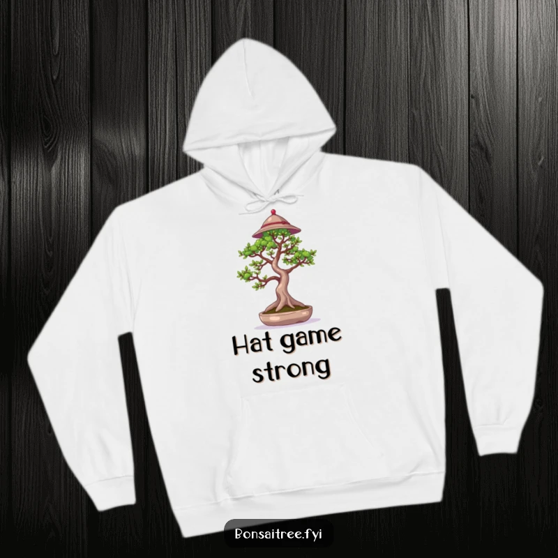 Funny hoodie design of a bonsai tree wearing a tiny hat, waving a branch, creating a cozy and stylish look.