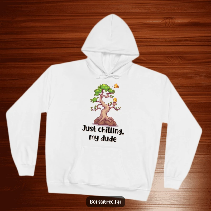 Funny Bonsai Tree Hoodie: A charming bonsai character giggling with delight as a small bird gracefully lands on its uppermost branch.