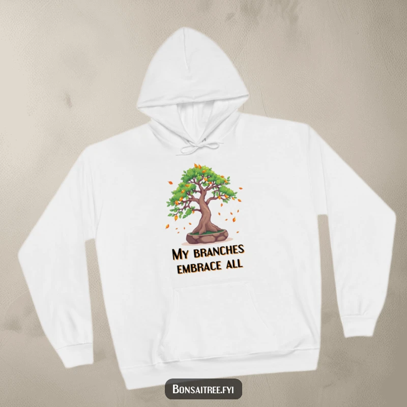 Funny Leaf-Catching Bonsai Tree Hoodie: A bonsai catches falling leaves, offering a humorous and cozy design for ultimate comfort and seasonal appreciation.