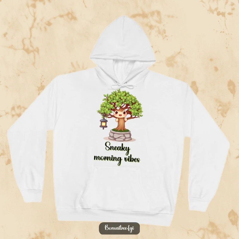 Funny hoodie featuring a joyful bonsai tree peeking out from behind a mini stone lantern, embodying playful hide-and-seek fun.