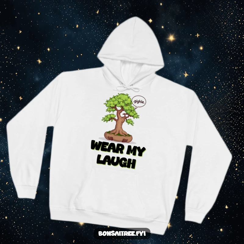 Funny hoodie with a design of a bonsai tree and a speech bubble containing the word 'giggle'. Perfect for cozying up and sharing smiles.