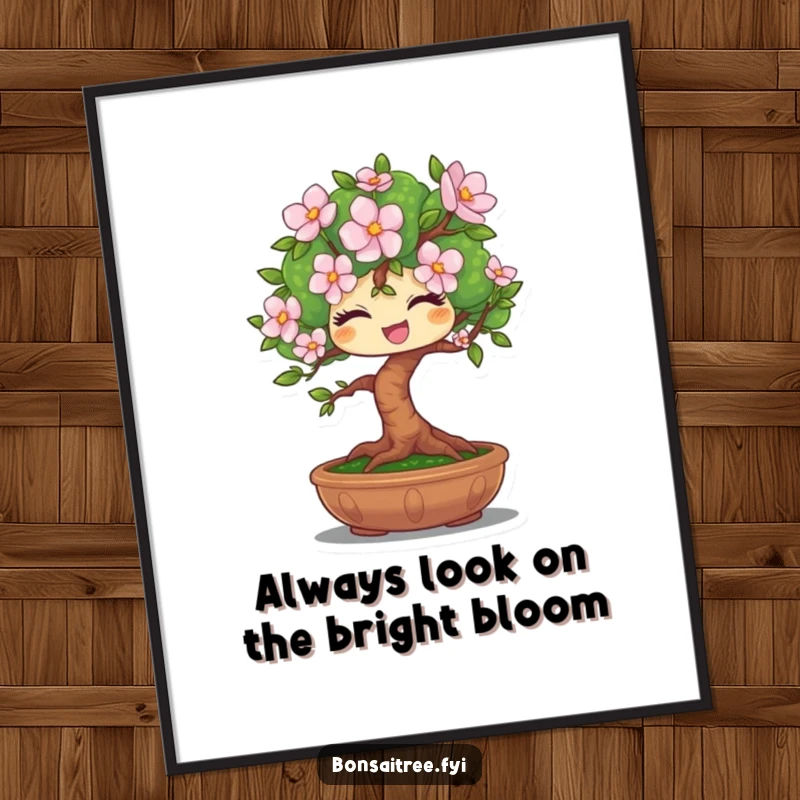 Funny Free Printable Wall Art: A charming bonsai tree winks while offering a single perfect bloom, adding quirky decor.