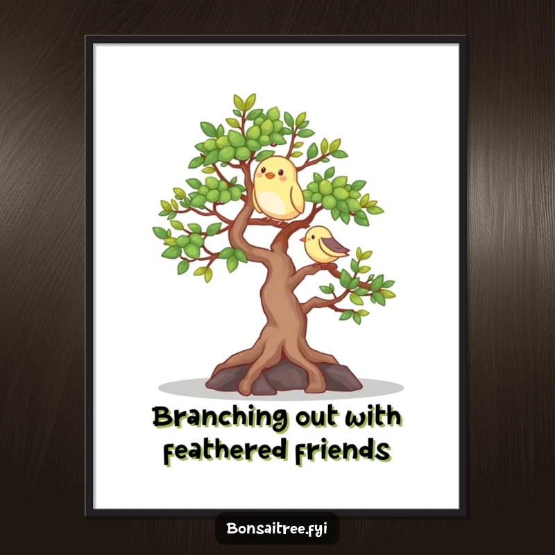 Funny Free Printable Wall Art: A happy bonsai tree with a content bird perched on its branch, exuding cheer.