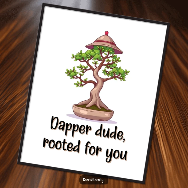 Funny Free Printable Wall Art: A distinguished bonsai tree sporting a tiny hat waves a delicate branch, adding quirky elegance.