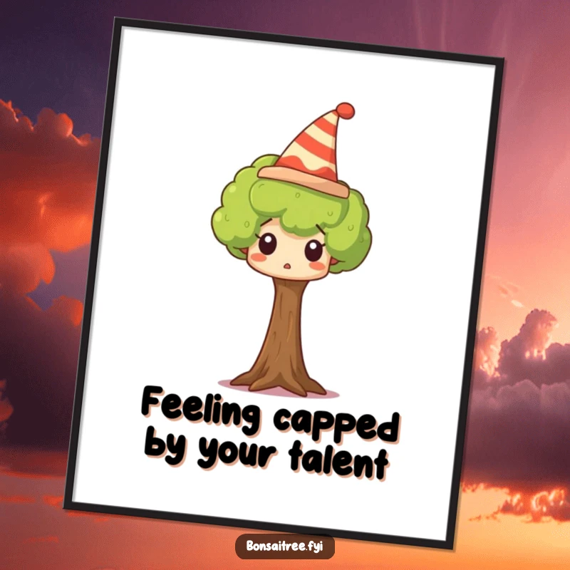 Funny free printable wall art: A miniature tree sporting a wacky hat, its wide-eyed expression conveying delightful surprise and humorous charm.