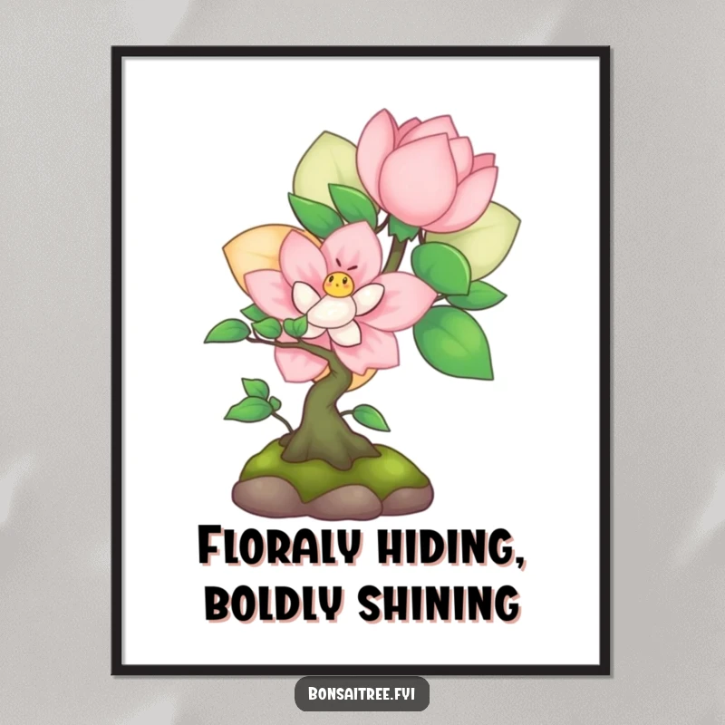 Funny Free Printable Wall Art: Shy bonsai character peeking from behind a large blooming flower, evoking curiosity and sweetness.