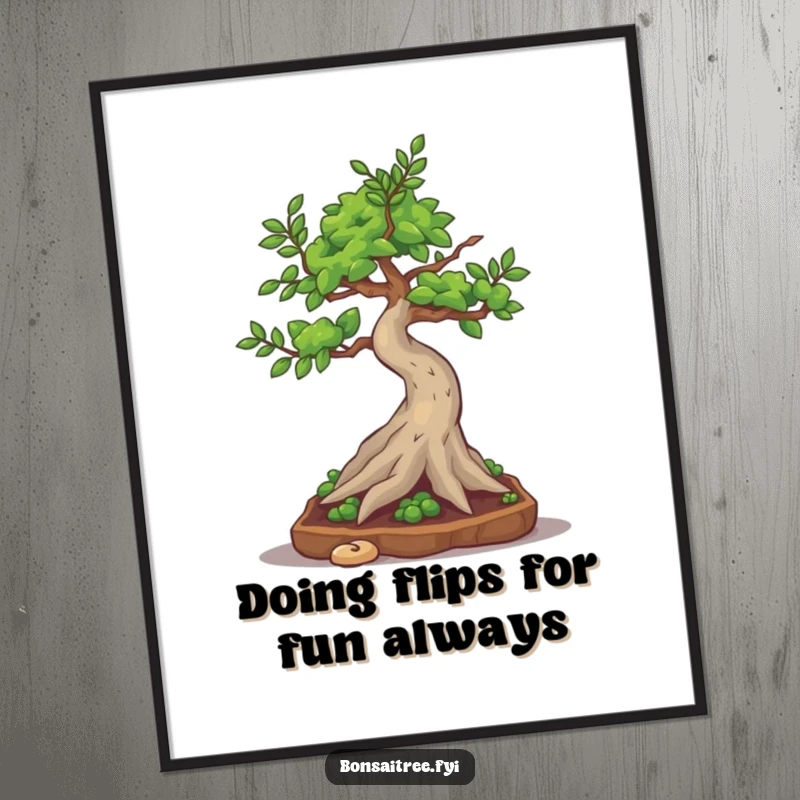 Funny Free Printable Wall Art: A bonsai tree character caught mid-somersault, looking comically awkward yet enthusiastic.