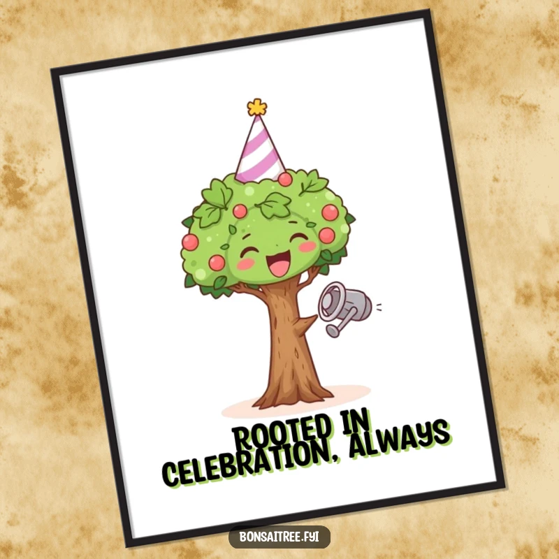 Funny Free Printable Wall Art: A miniature bonsai with a party hat, dancing exuberantly with a watering can.