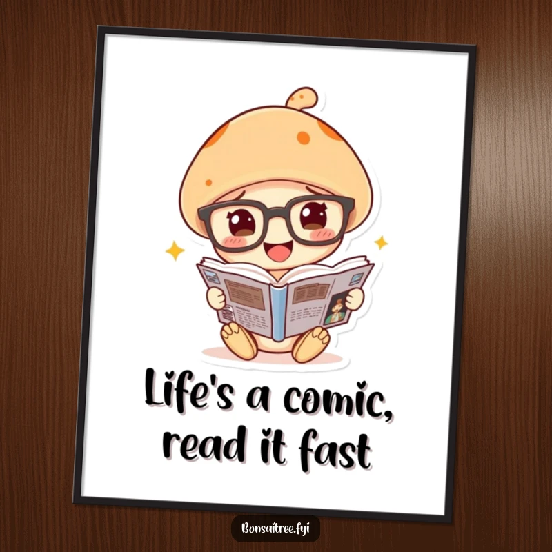 Funny Free Printable Wall Art: A cheerful mushroom with large glasses, absorbed in a comic book.