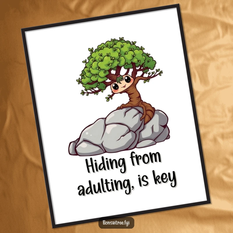 Funny Free Printable Wall Art of a mischievous bonsai tree character playfully hiding behind a rock, adding a touch of whimsy.